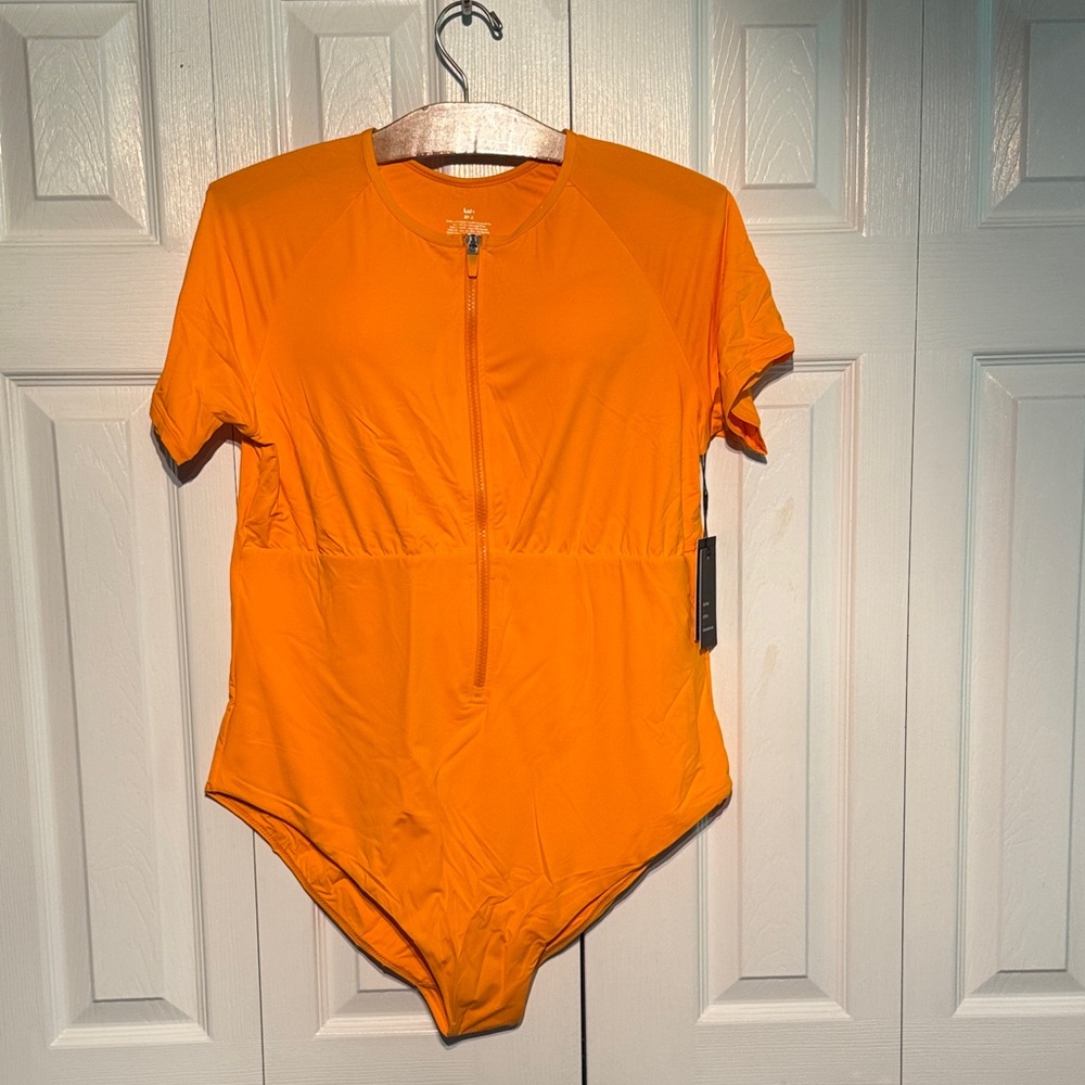 knix Women's Short-Sleeve One-Piece Swimsuit in Orange with Front Zip